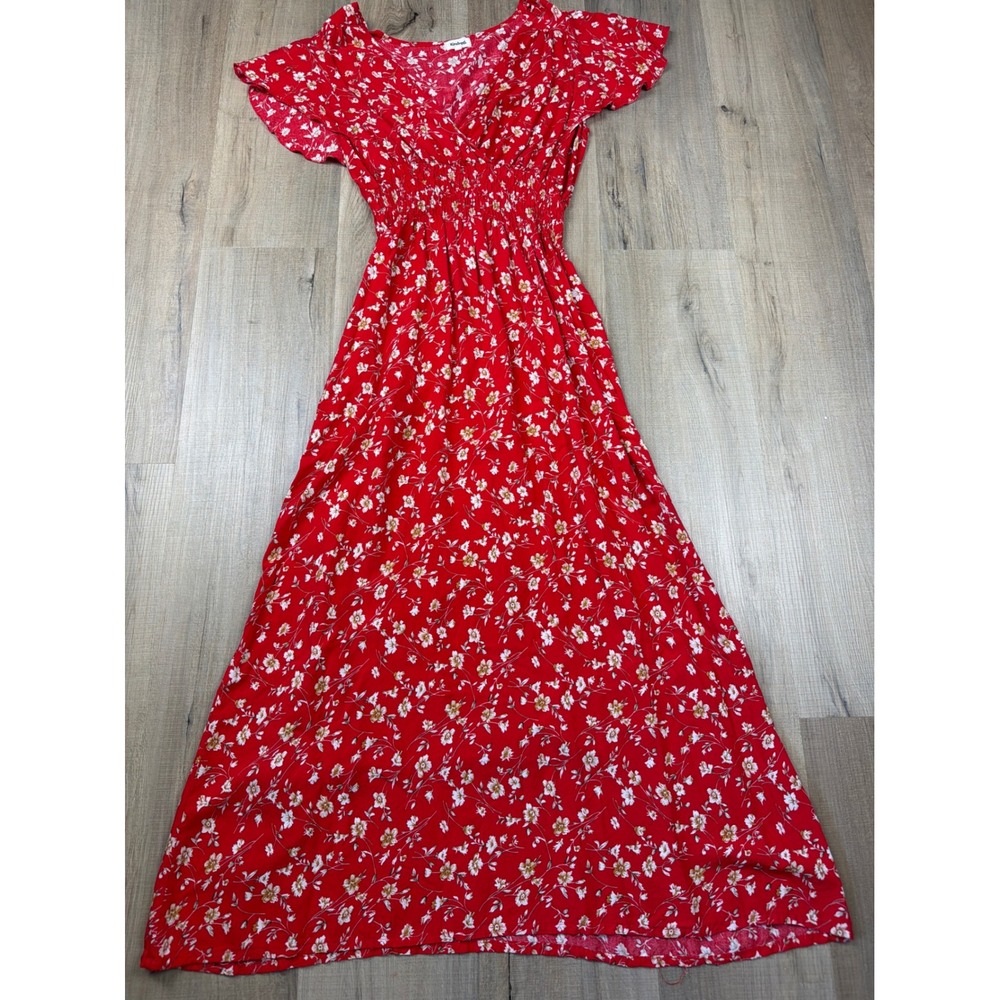 Kindred Anthropologie Red Floral Maxi Dress Smocked Waist Flutter Sleeve Large
